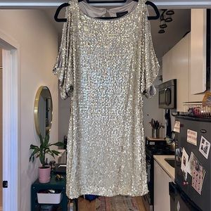 Gold Sequined Aqua Dress with mid length sleeves